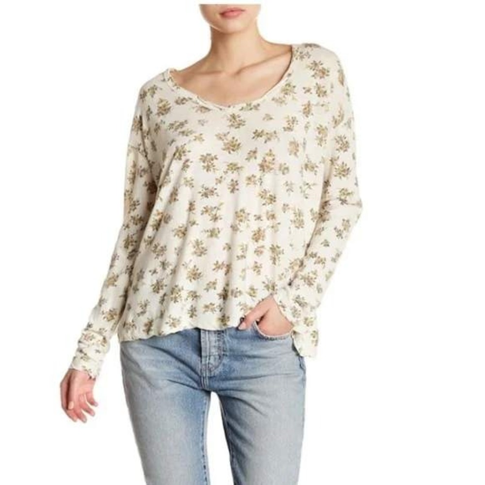 Current Elliott ls tee floral scoopneck cream green feminine day jeans top sm ec